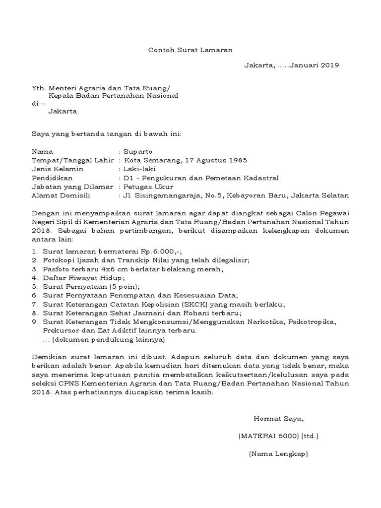 Contoh Surat Lamaran Cpns Kementerian Agraria Dan Tata Ruang 2018