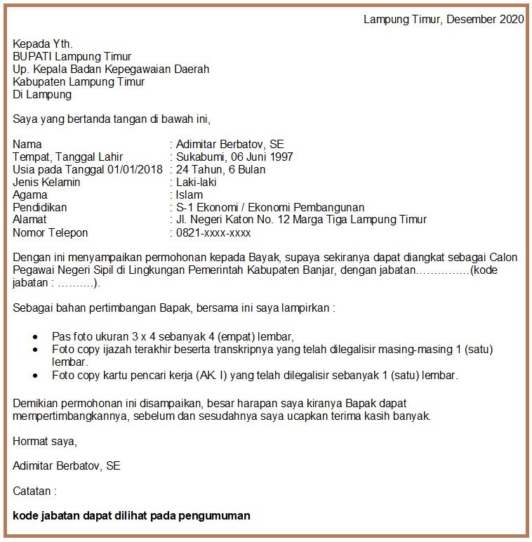 Contoh Surat Lamaran Cpns Kementerian Kabupaten Aceh Jaya