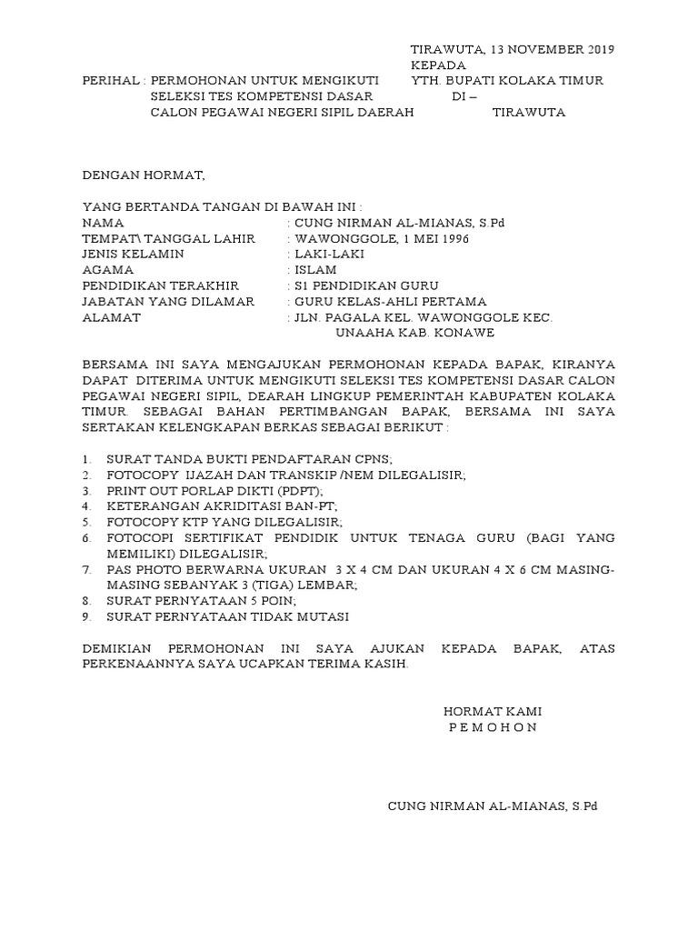 Contoh Surat Lamaran Cpns Koltim 2019