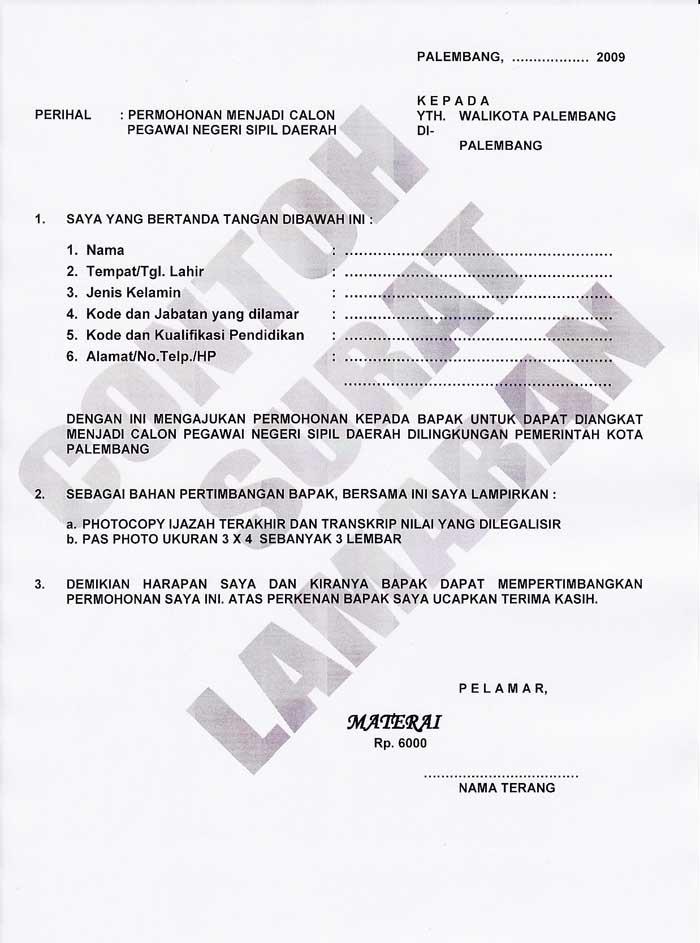 Contoh Surat Lamaran Cpns Palembang
