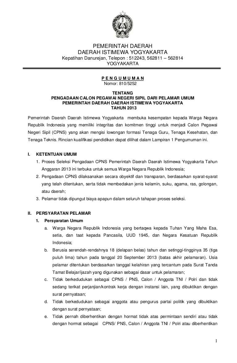 Contoh Surat Lamaran Cpns Pemerintah Daerah Yogyakarta