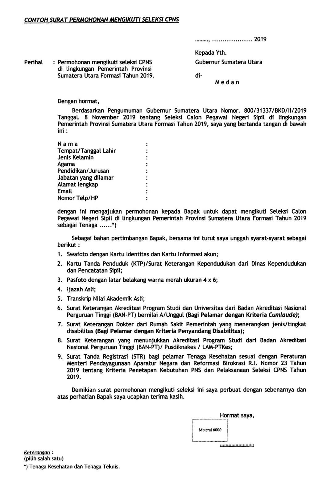 Contoh Surat Lamaran Cpns Pemerintah Provinsi Sumatera Utara