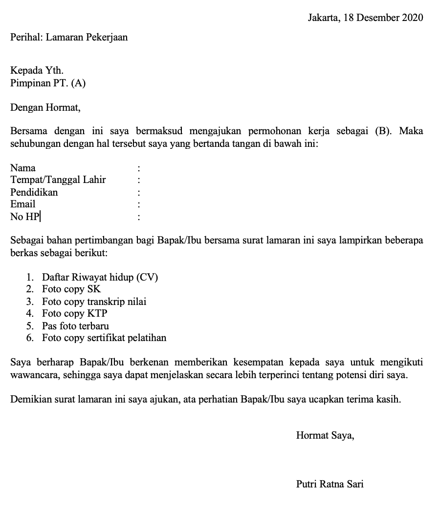 Contoh Surat Lamaran Cpns Pemkot Solo