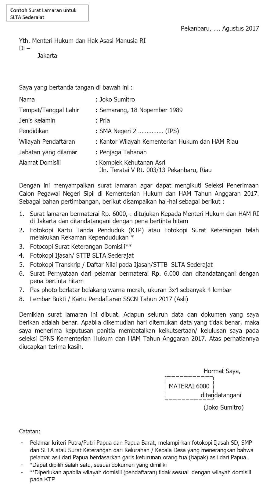 Contoh Surat Lamaran Cpns Pemprov Riau 2019