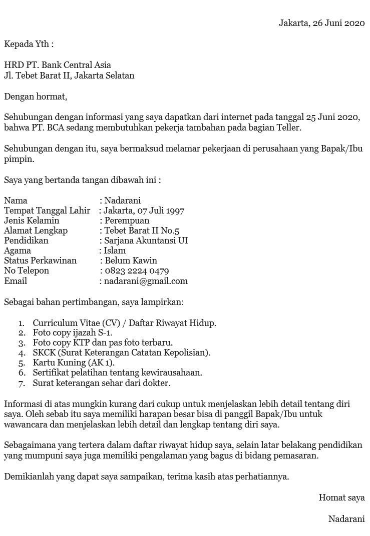 Contoh Surat Lamaran Cpns Ui