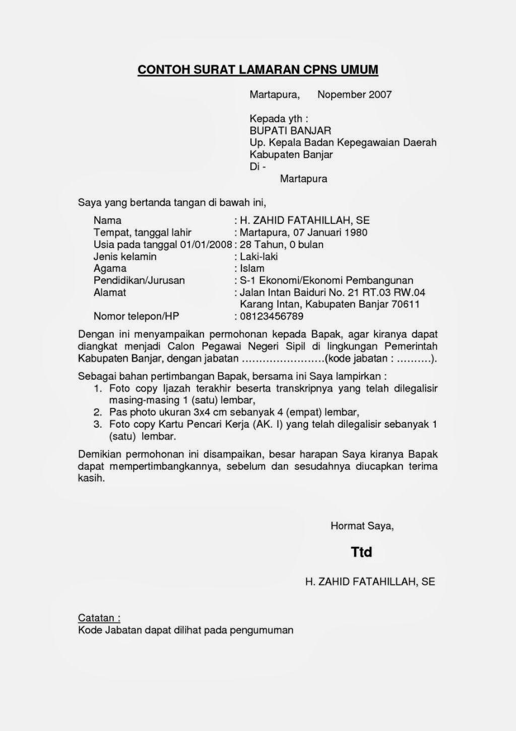 Contoh Surat Lamaran Cpns Untuk Bupati Bandung