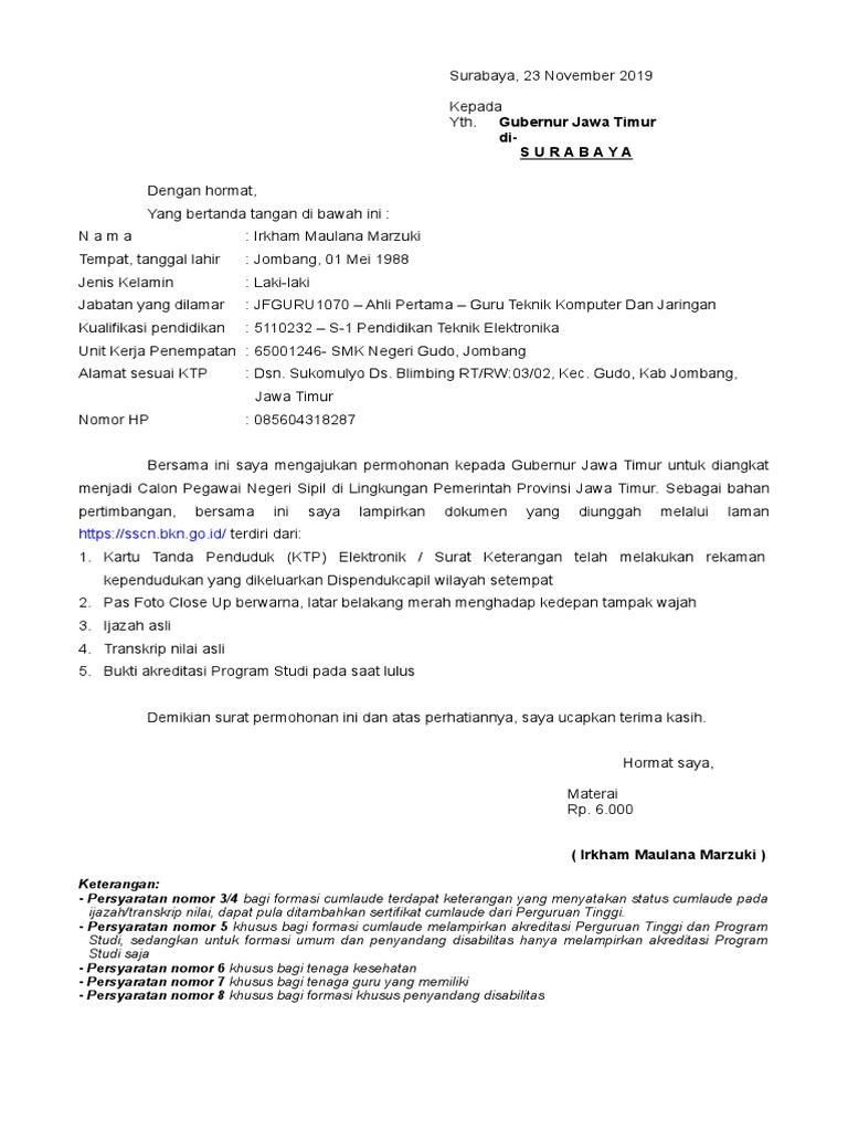Contoh Surat Lamaran Cpns Untuk Gubernur Jawa Rimur