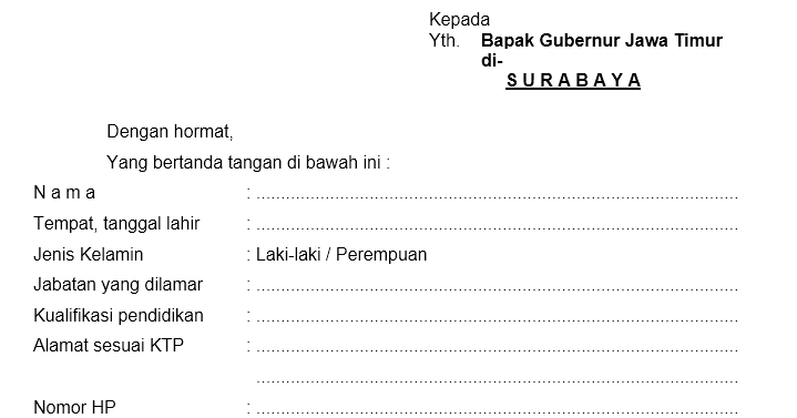 Contoh Surat Lamaran Cpns Untuk Gubernur Jawa Timur