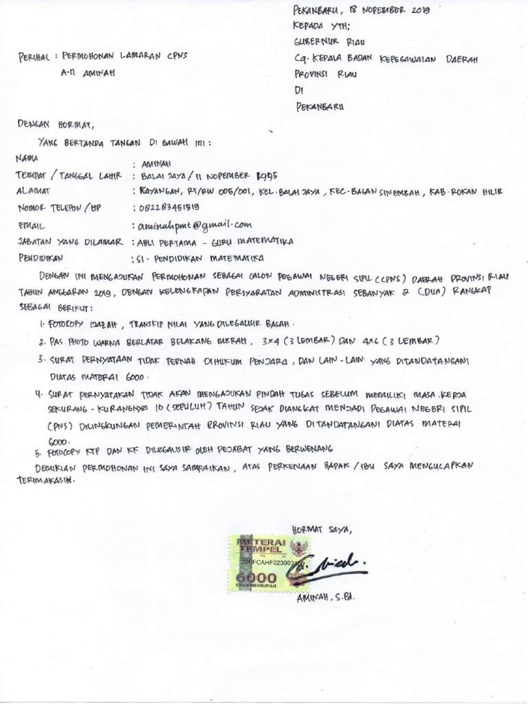 Contoh Surat Lamaran Cpns Untuk Gurbenur