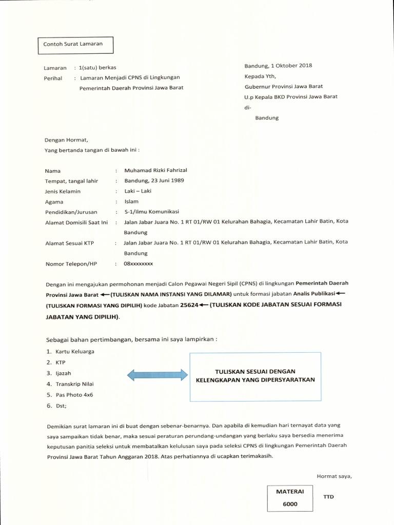 Contoh Surat Lamaran Cpns Untuk Provinsi Jawa Barat
