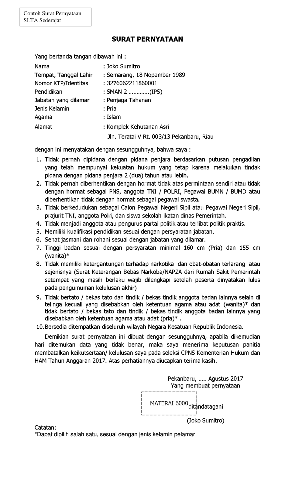 Contoh Surat Lamaran Cpns.2017 Kementrian Hukun Dan Ham