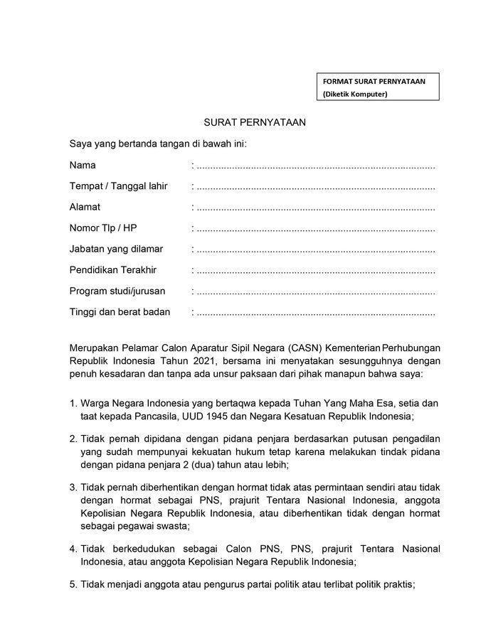 Contoh Surat Lamaran Dan Pernyataan Kementerian Perhubungan Cpns 2019