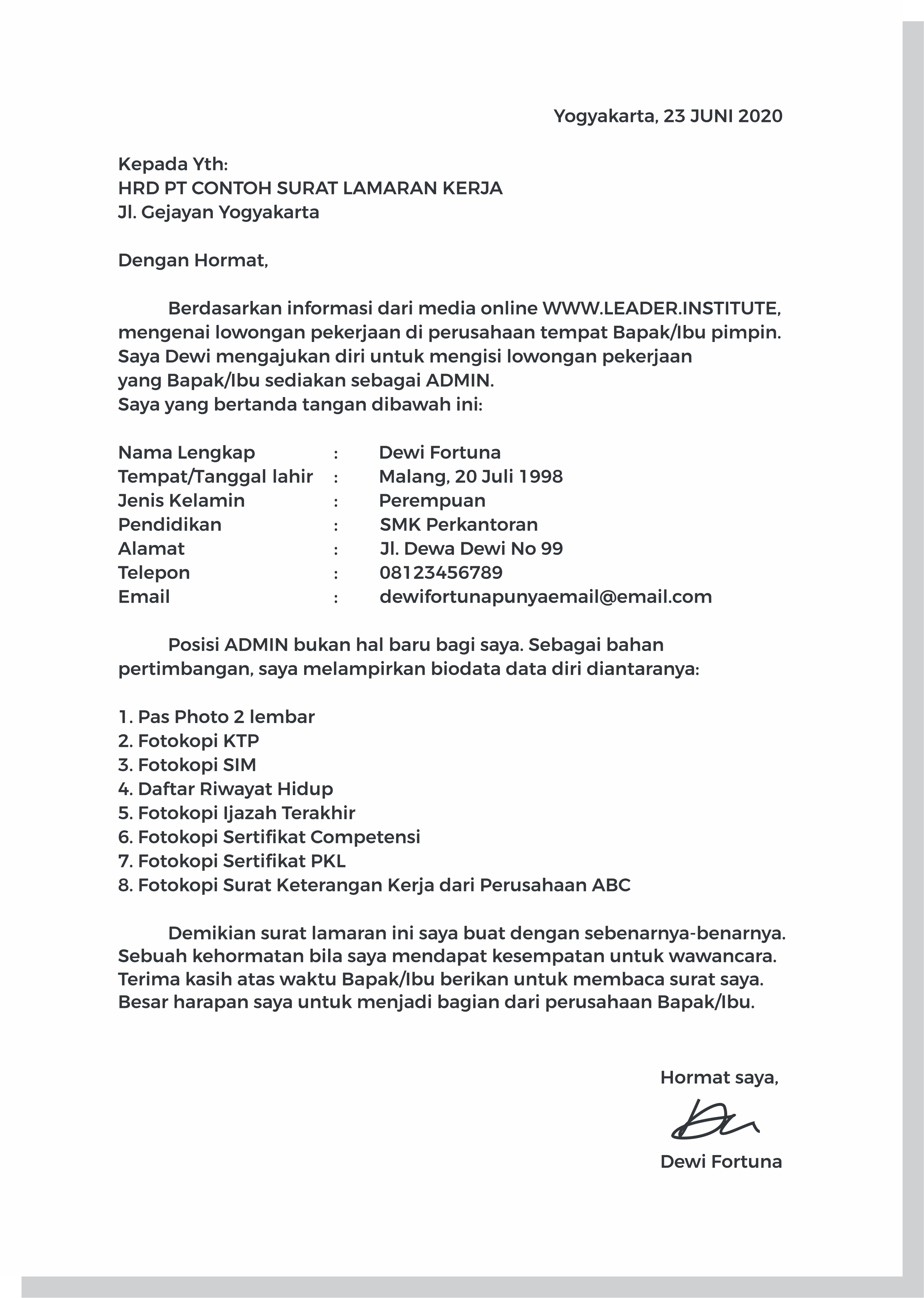 Contoh Surat Lamaran Hrd Kerja Pt