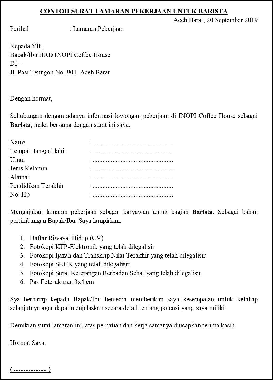 Contoh Surat Lamaran Karyawan Cafe
