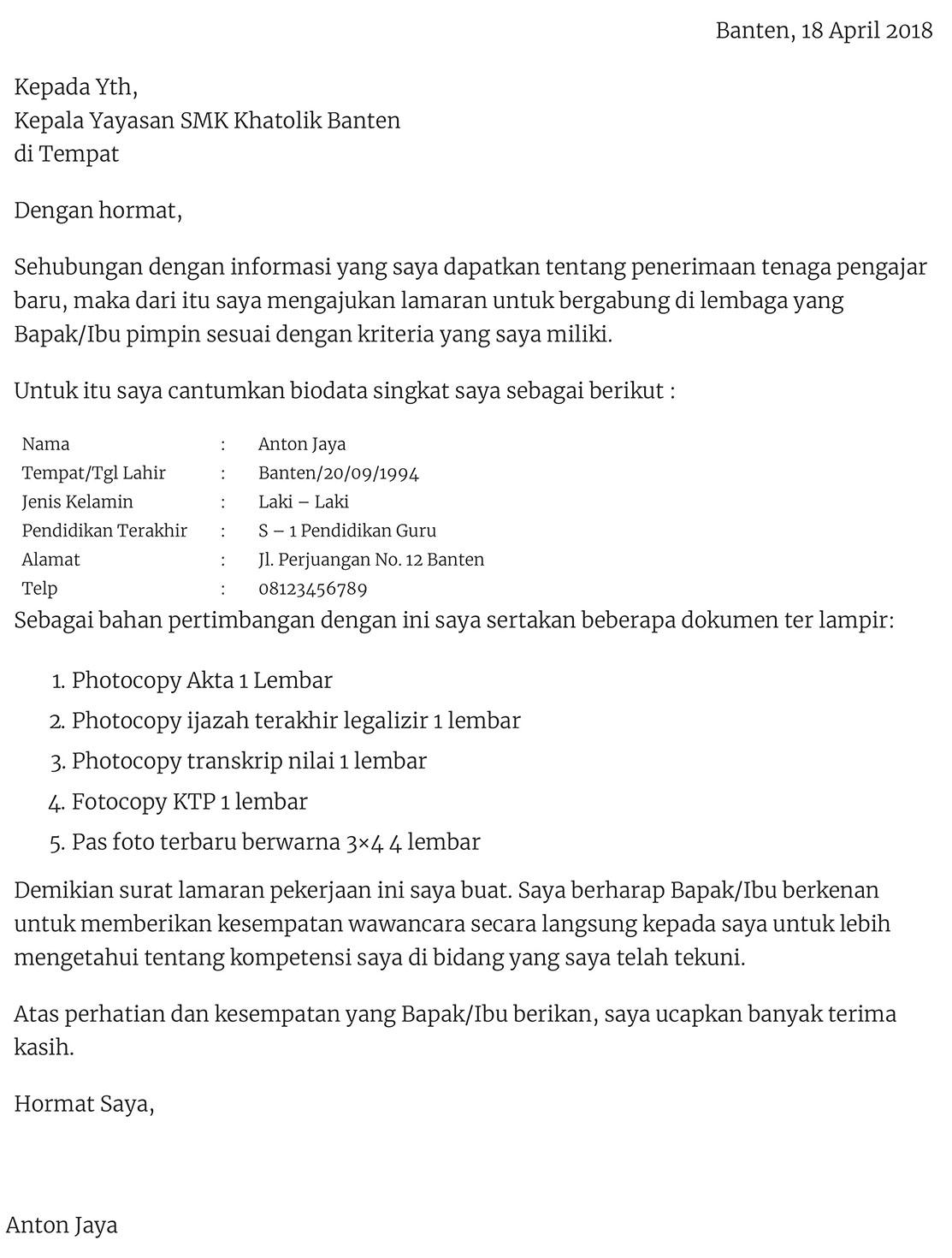 Contoh Surat Lamaran Ke Smk