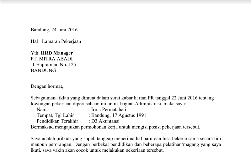 Contoh Surat Lamaran Kerja 2019 Pdf Doc