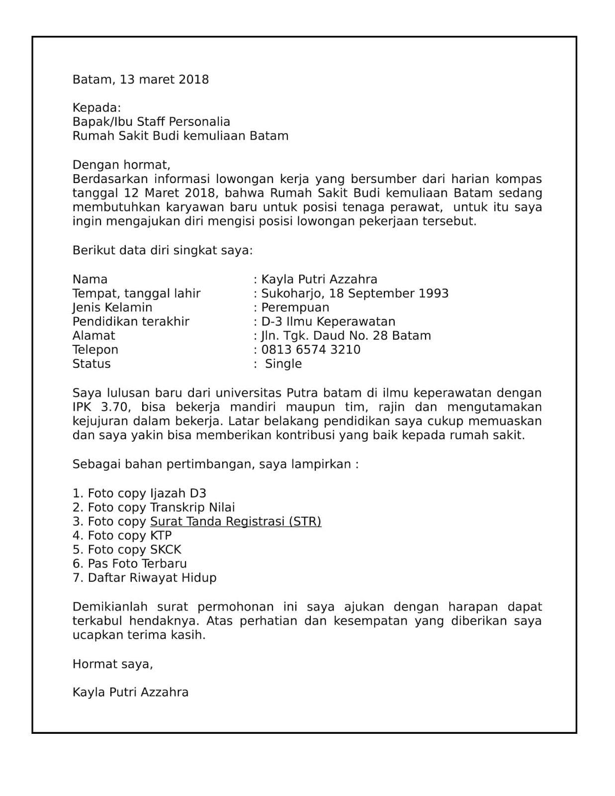 Contoh Surat Lamaran Kerja Akper