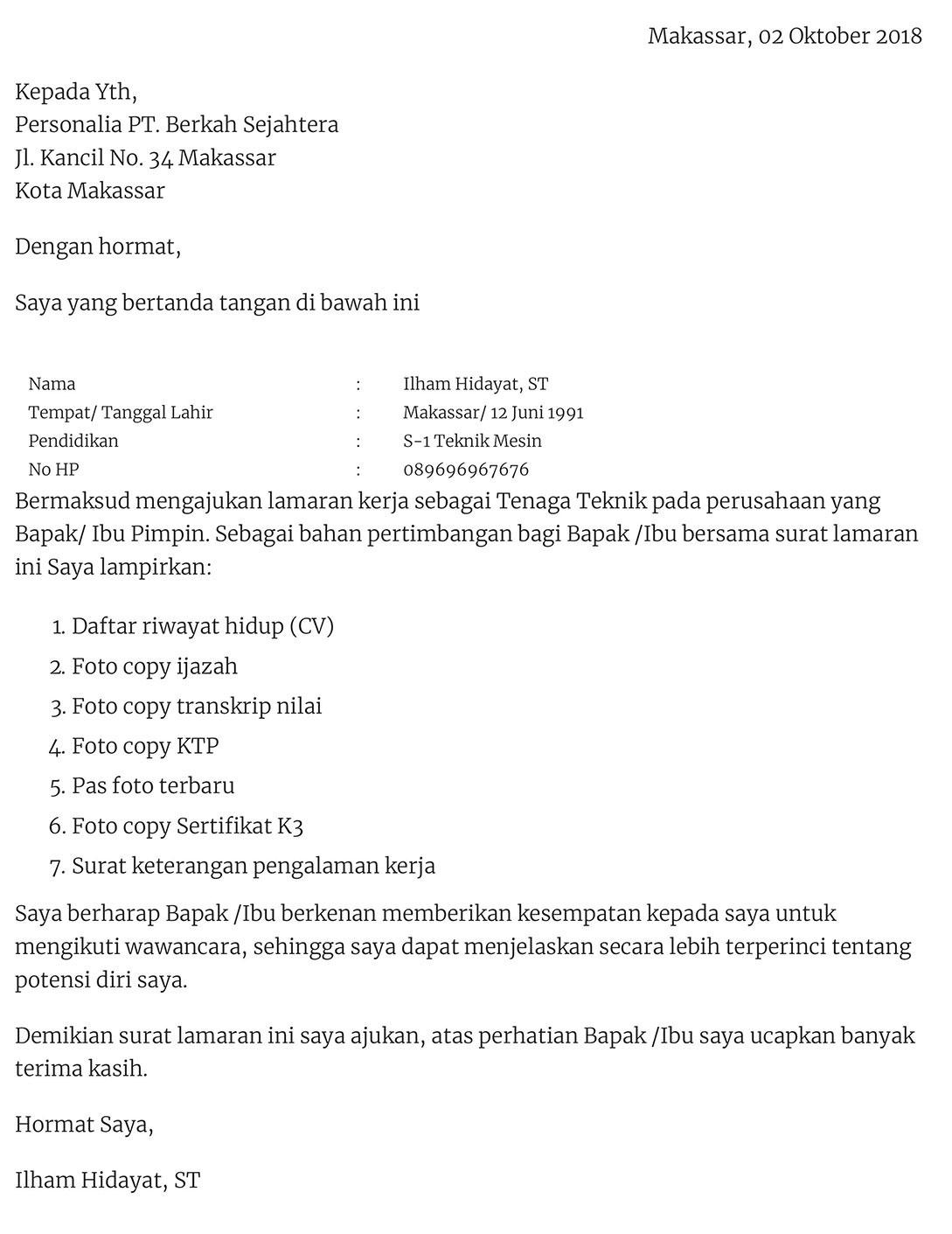 Contoh Surat Lamaran Kerja Cpns Provinsi Kalimantan Barat