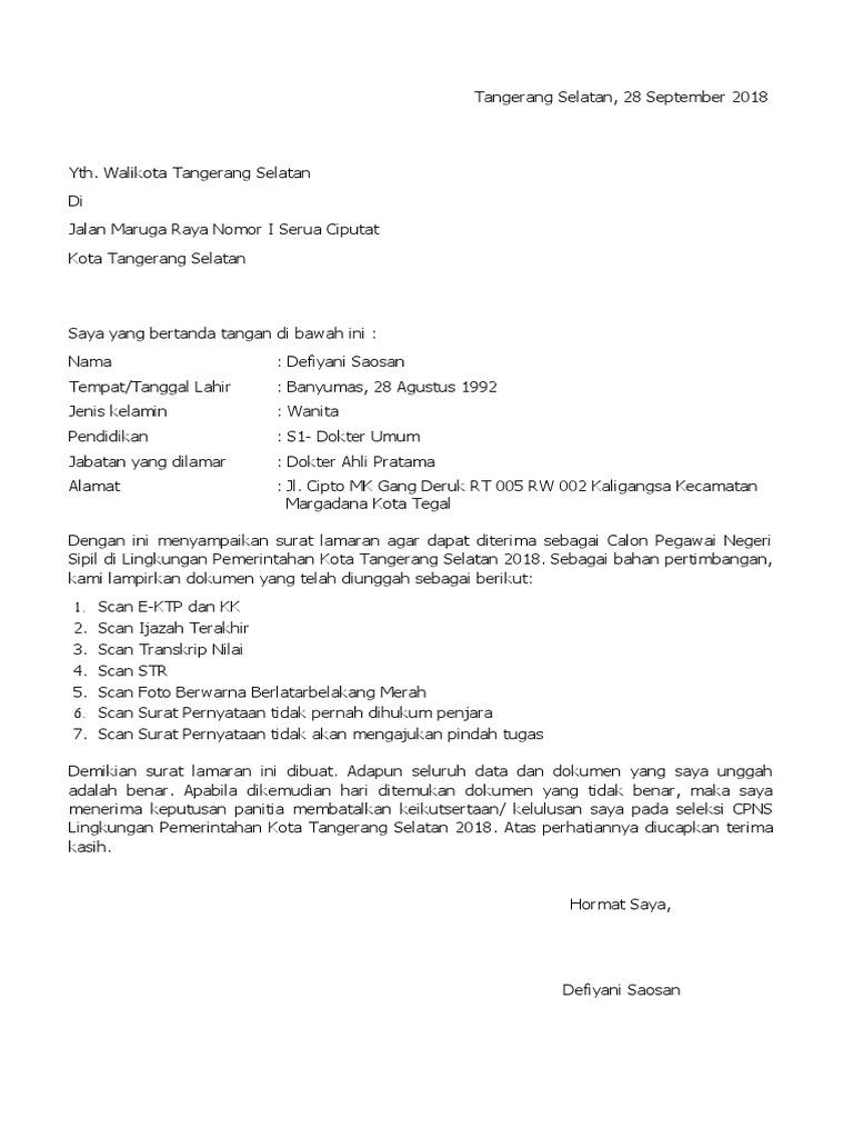 Contoh Surat Lamaran Kerja Cpns Walikota Tangerang Selatan