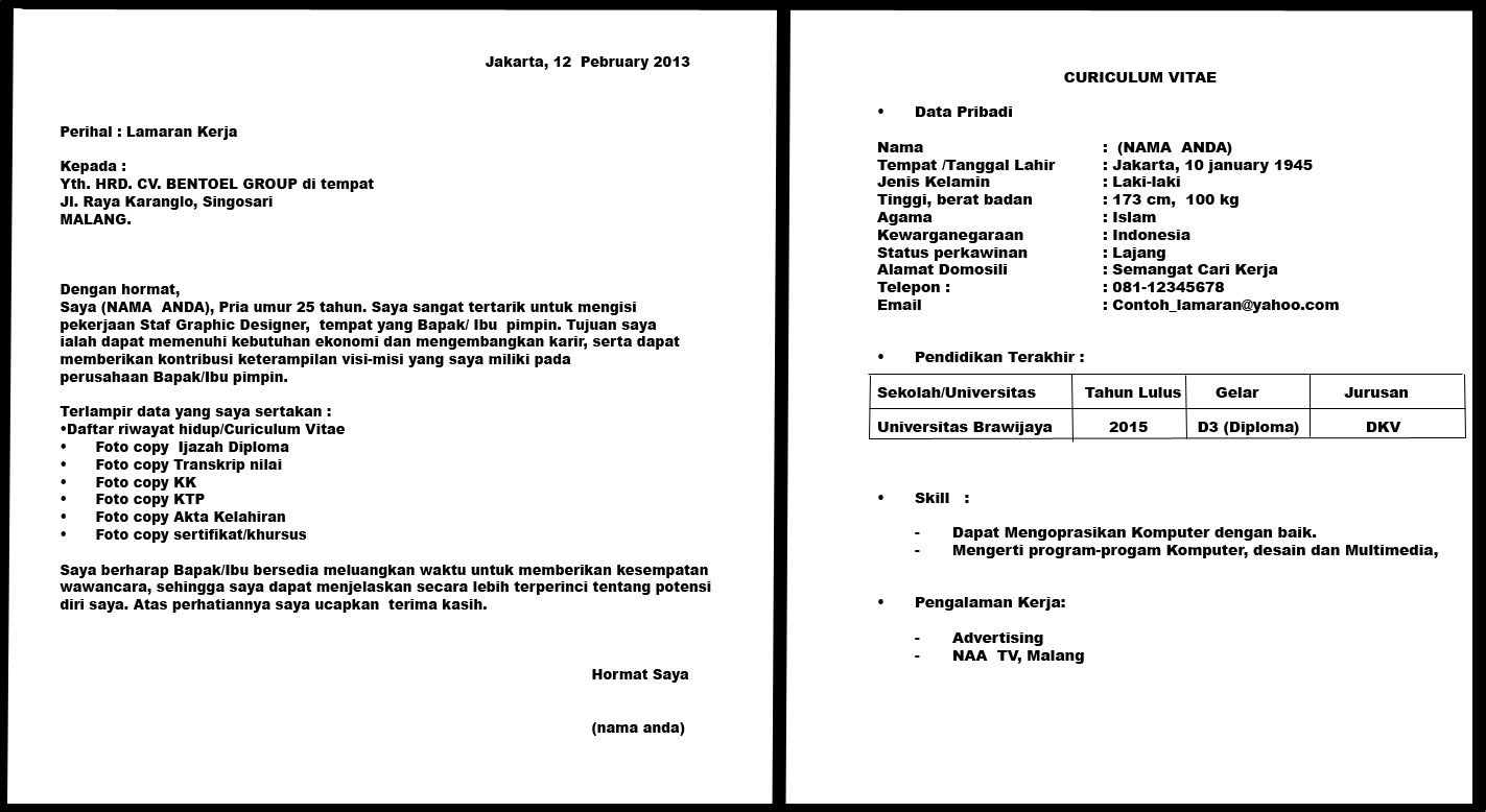 Contoh Surat Lamaran Kerja Cv Doc