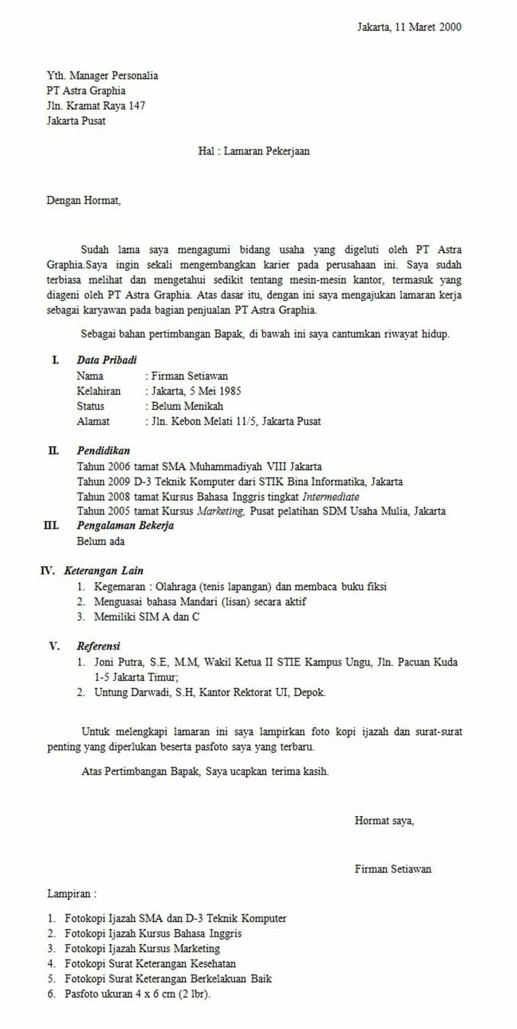 Contoh Surat Lamaran Kerja Dan Lampuran