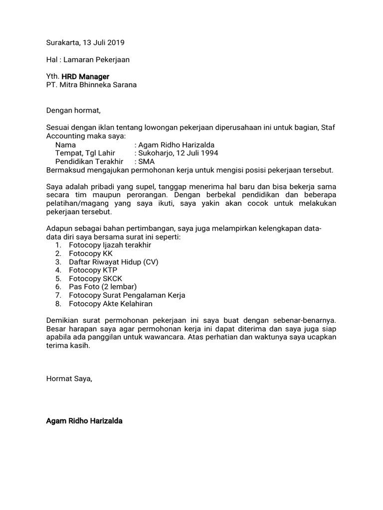 Contoh Surat Lamaran Kerja Di Mitratel