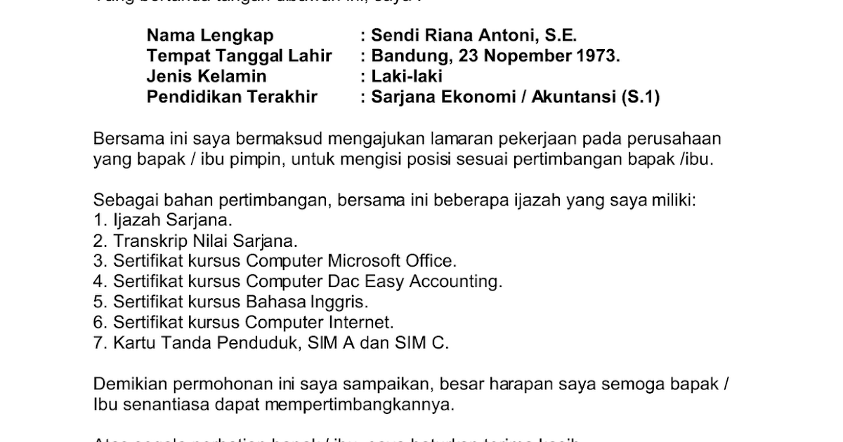 Contoh Surat Lamaran Kerja Di Pemprov Dki