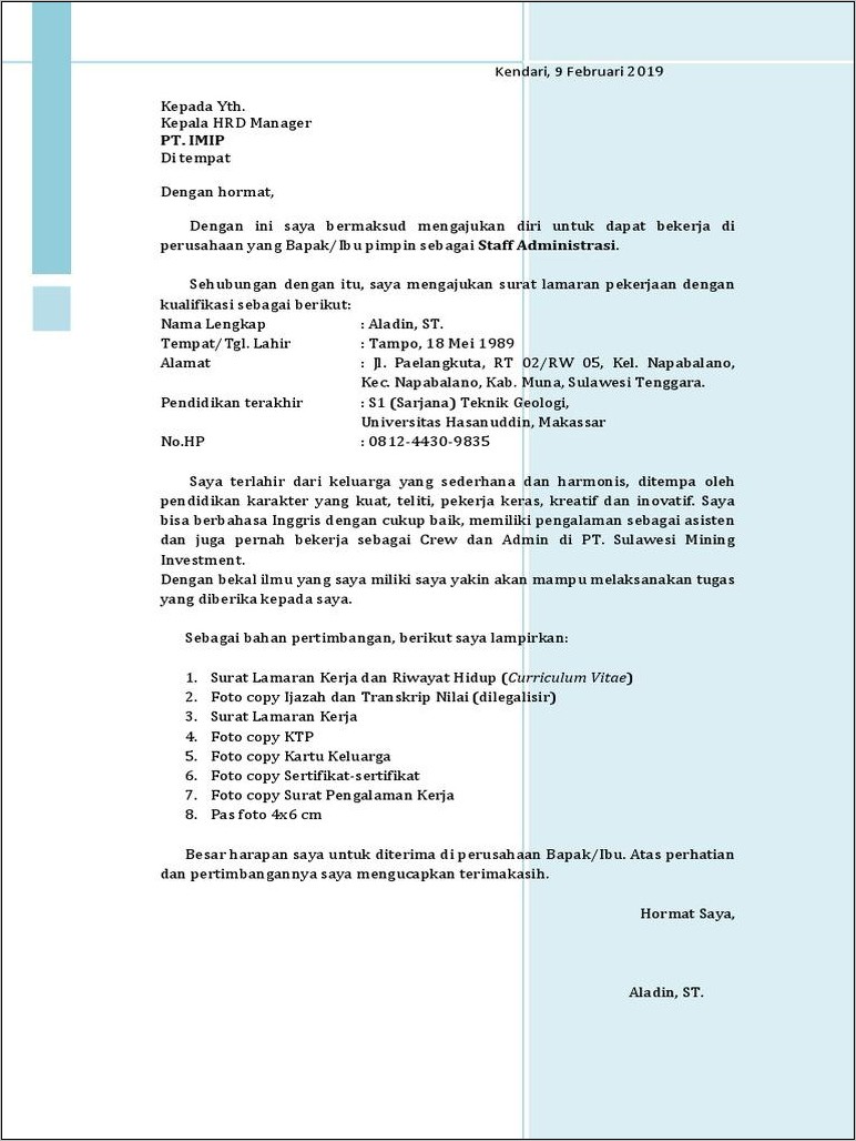 Contoh Surat Lamaran Kerja Di Perusahaan Morowali