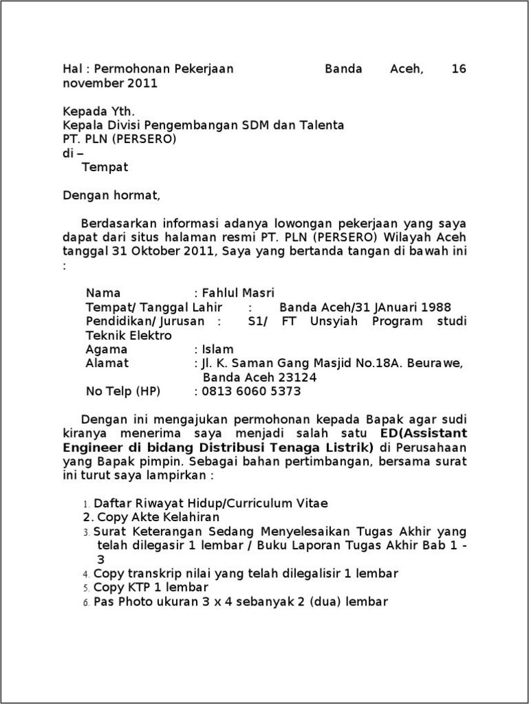 Contoh Surat Lamaran Kerja Di Pln Persero