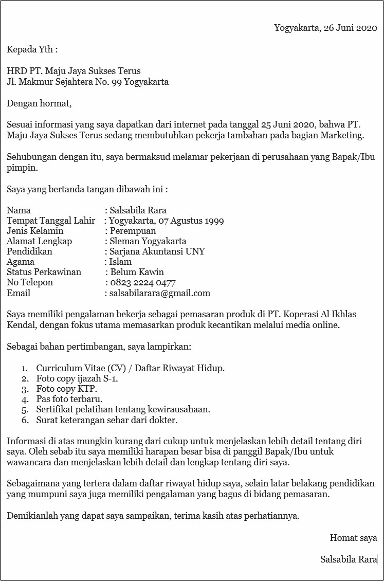 Contoh Surat Lamaran Kerja Di Pt 2019