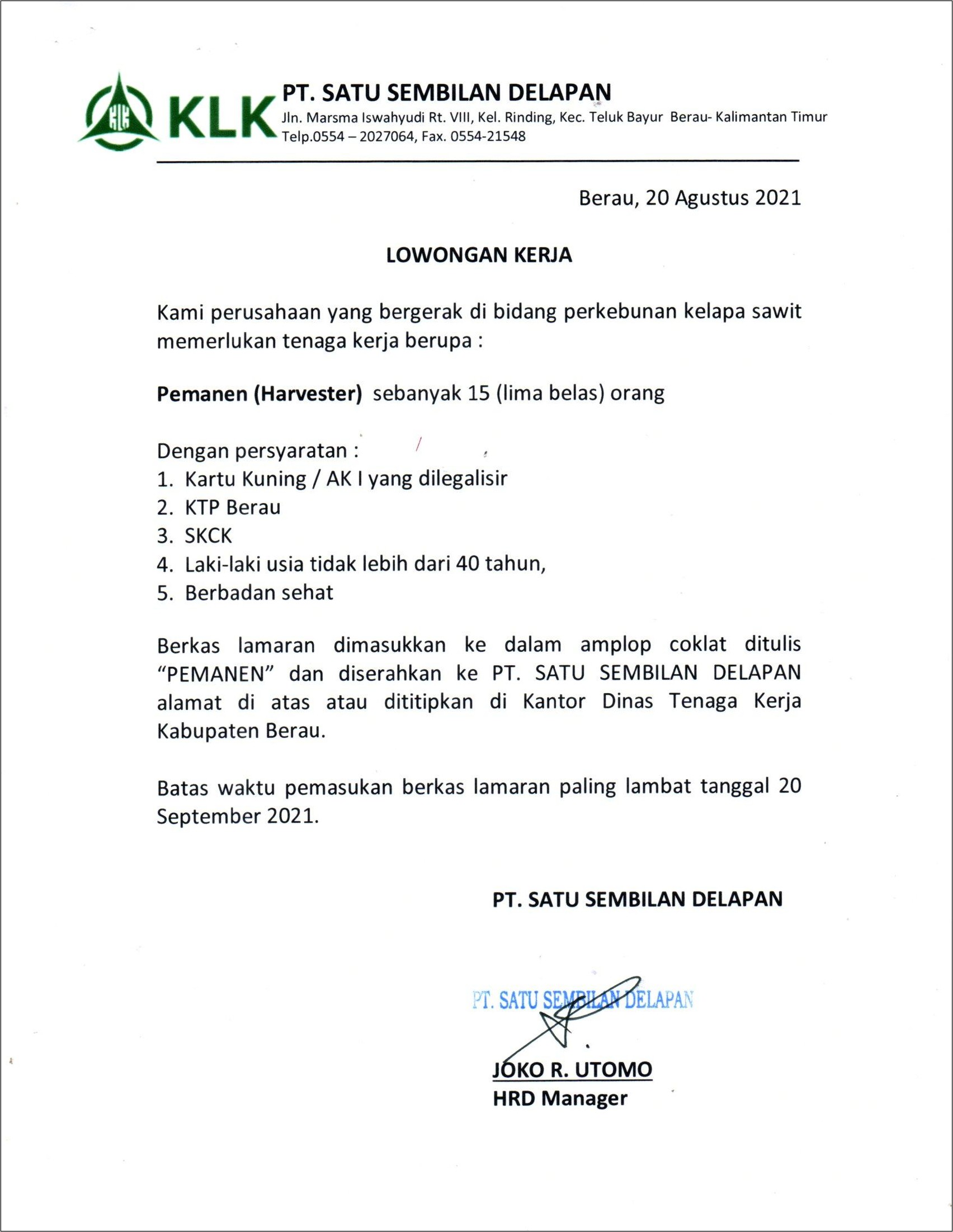 Contoh Surat Lamaran Kerja Di Pt Kelapa Swait