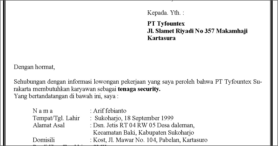 Contoh Surat Lamaran Kerja Di Pt Sebagai Karyawan 2019