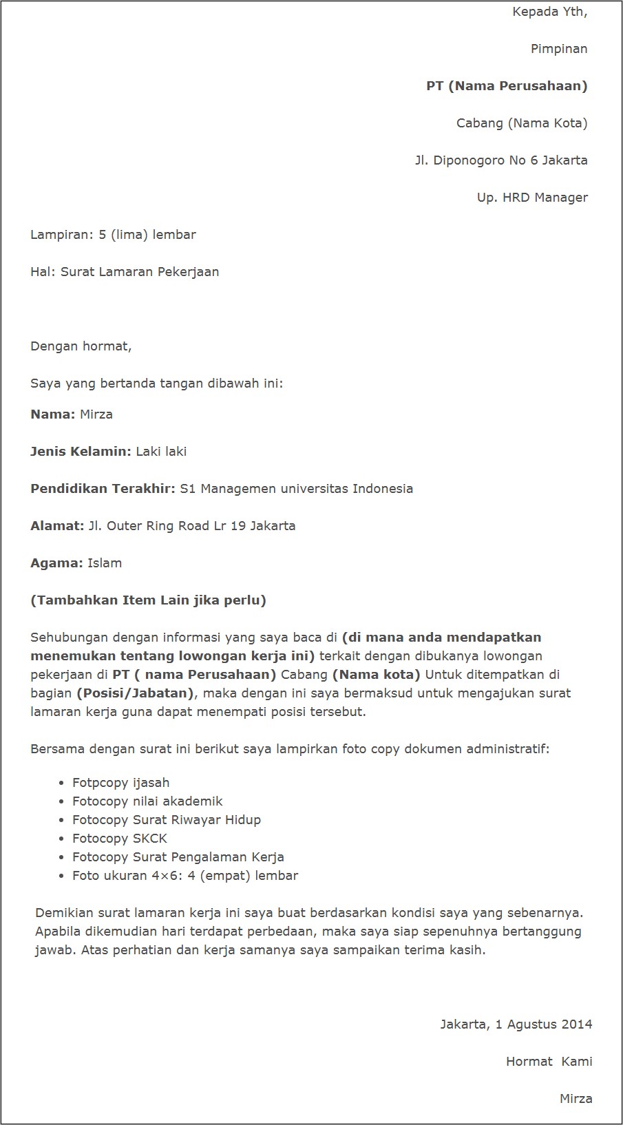 Contoh Surat Lamaran Kerja Di Pt Transjakarta