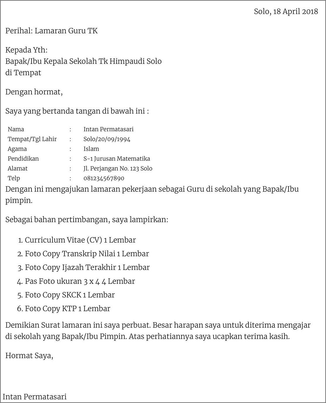 Contoh Surat Lamaran Kerja Di Smp