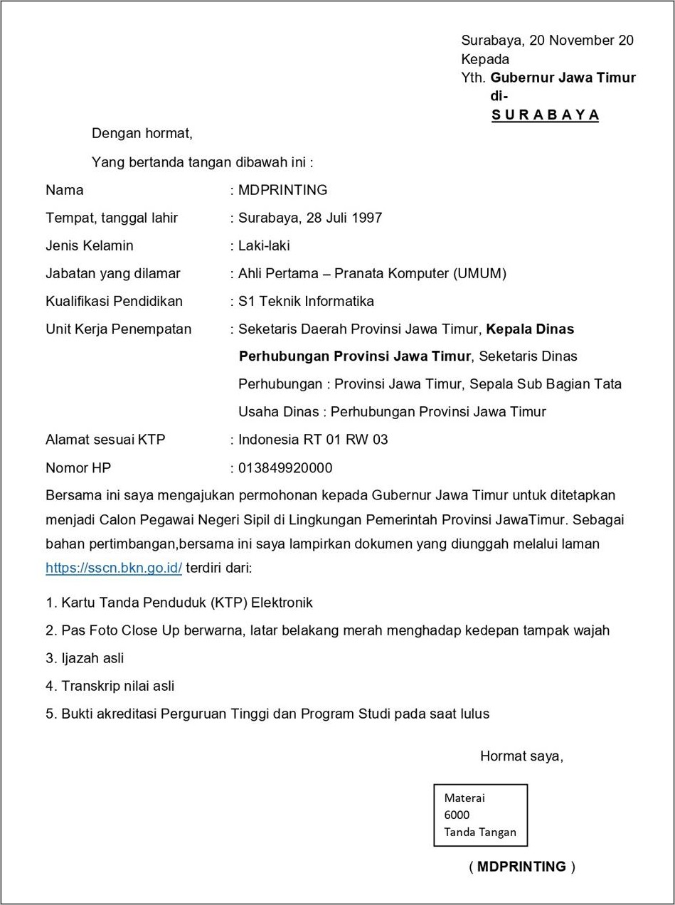 Contoh Surat Lamaran Kerja Di Surabaya