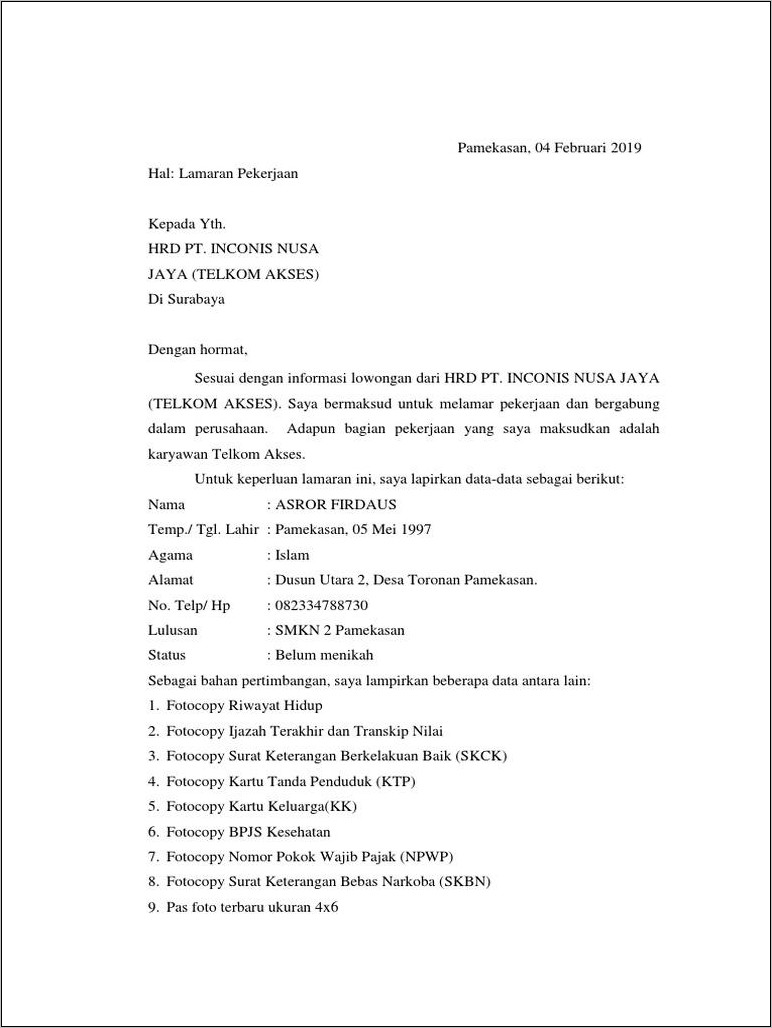 Contoh Surat Lamaran Kerja Di Telkom Indonesia