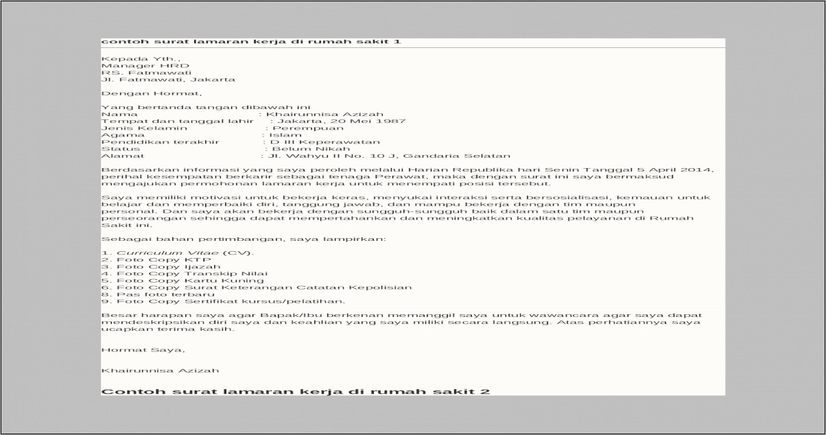 Contoh Surat Lamaran Kerja Dirumahsakit