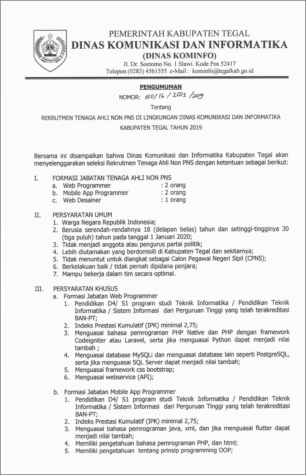 Contoh Surat Lamaran Kerja Diskominfo Non Pns