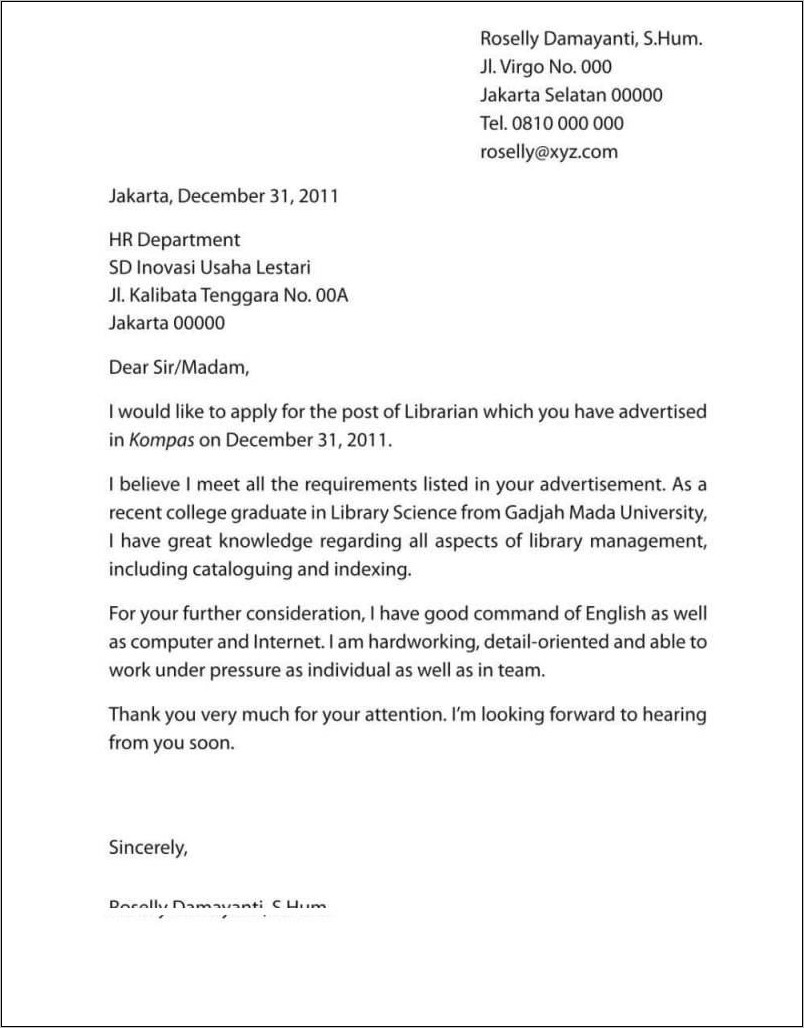 Contoh Surat Lamaran Kerja Dosen Dalam Bahasa Inggris Resmi