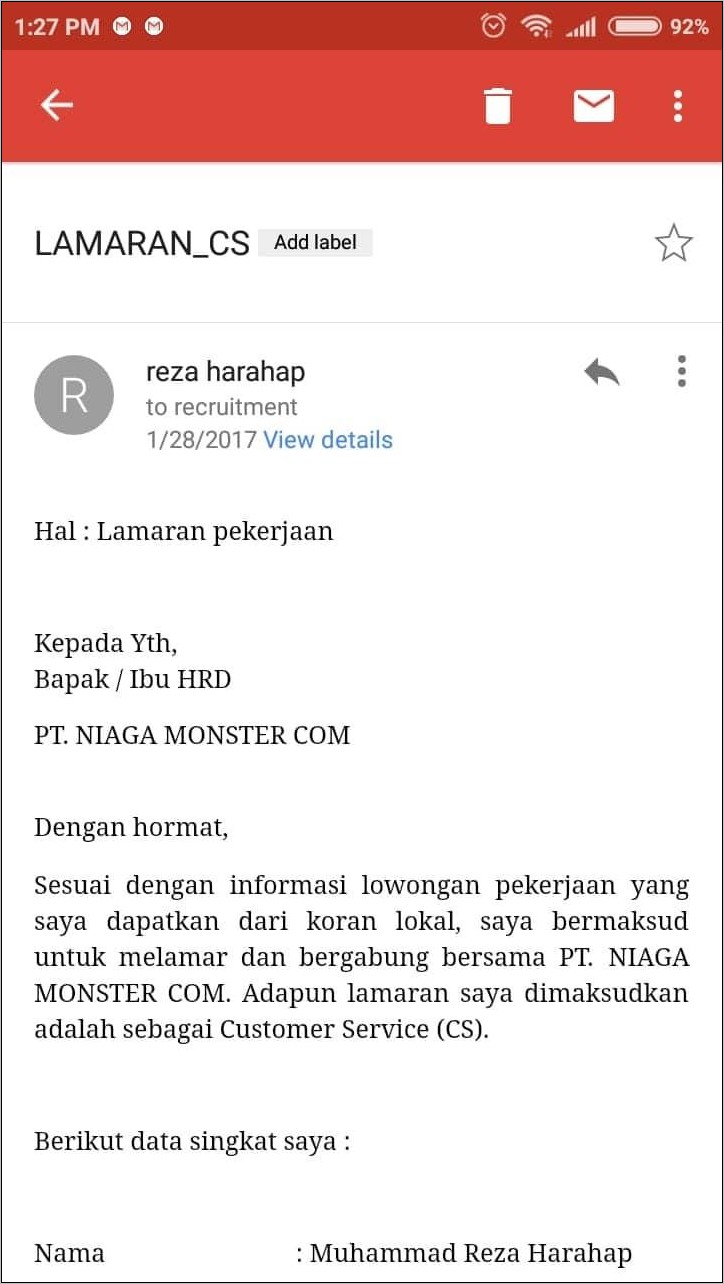 Contoh Surat Lamaran Kerja Ema