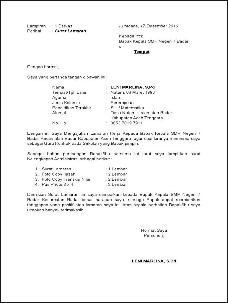 Contoh Surat Lamaran Kerja Guru Smp Doc