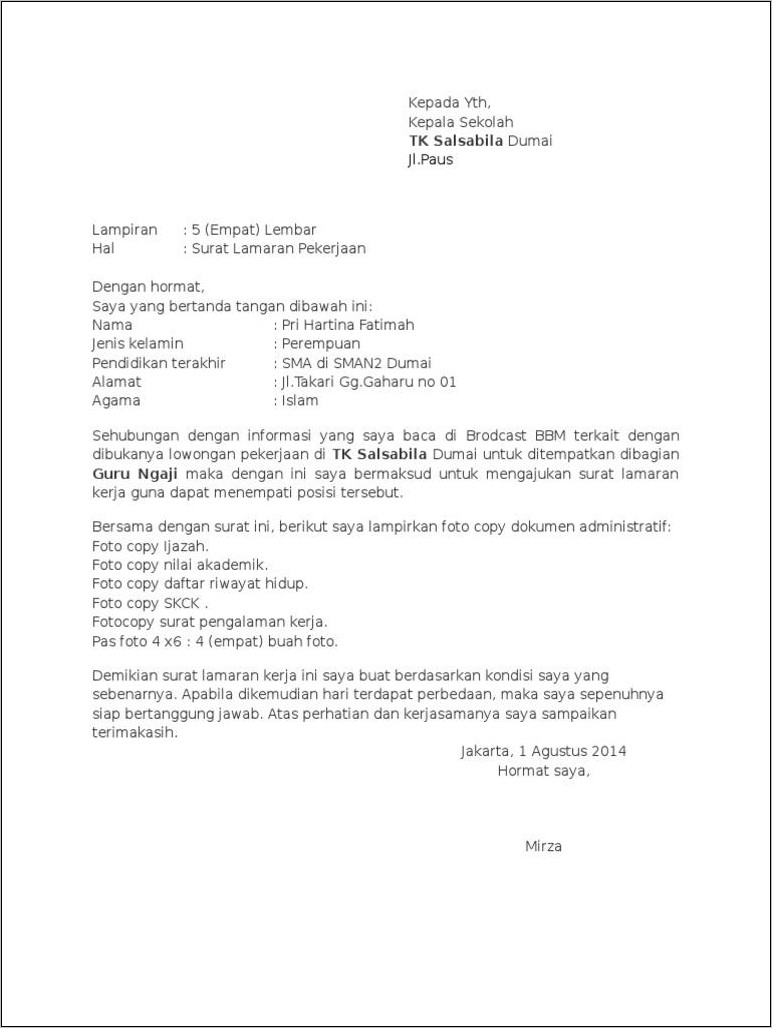 Contoh Surat Lamaran Kerja Guru Tk Doc