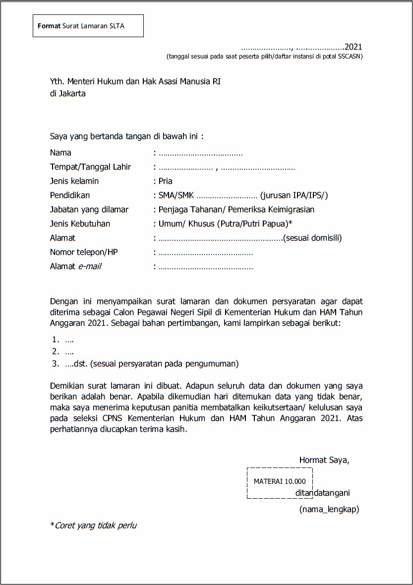 Contoh Surat Lamaran Kerja Huku