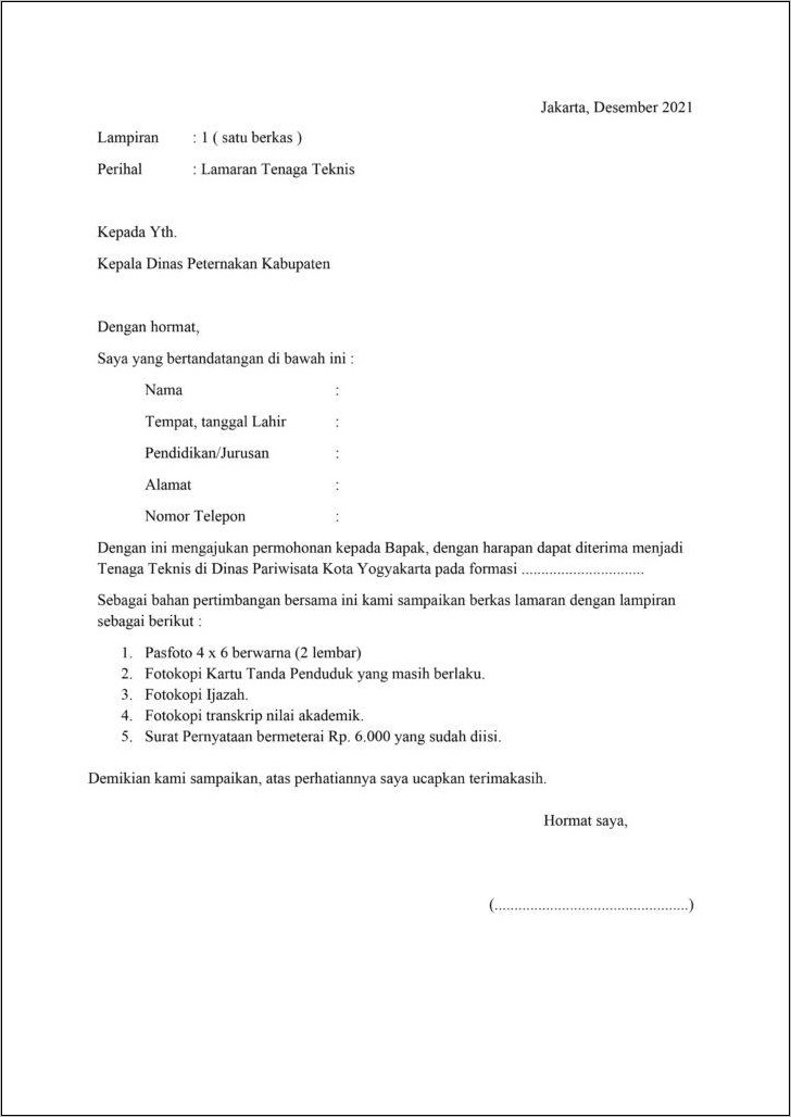 Contoh Surat Lamaran Kerja Instansi Pemerintah Dinas Pemda