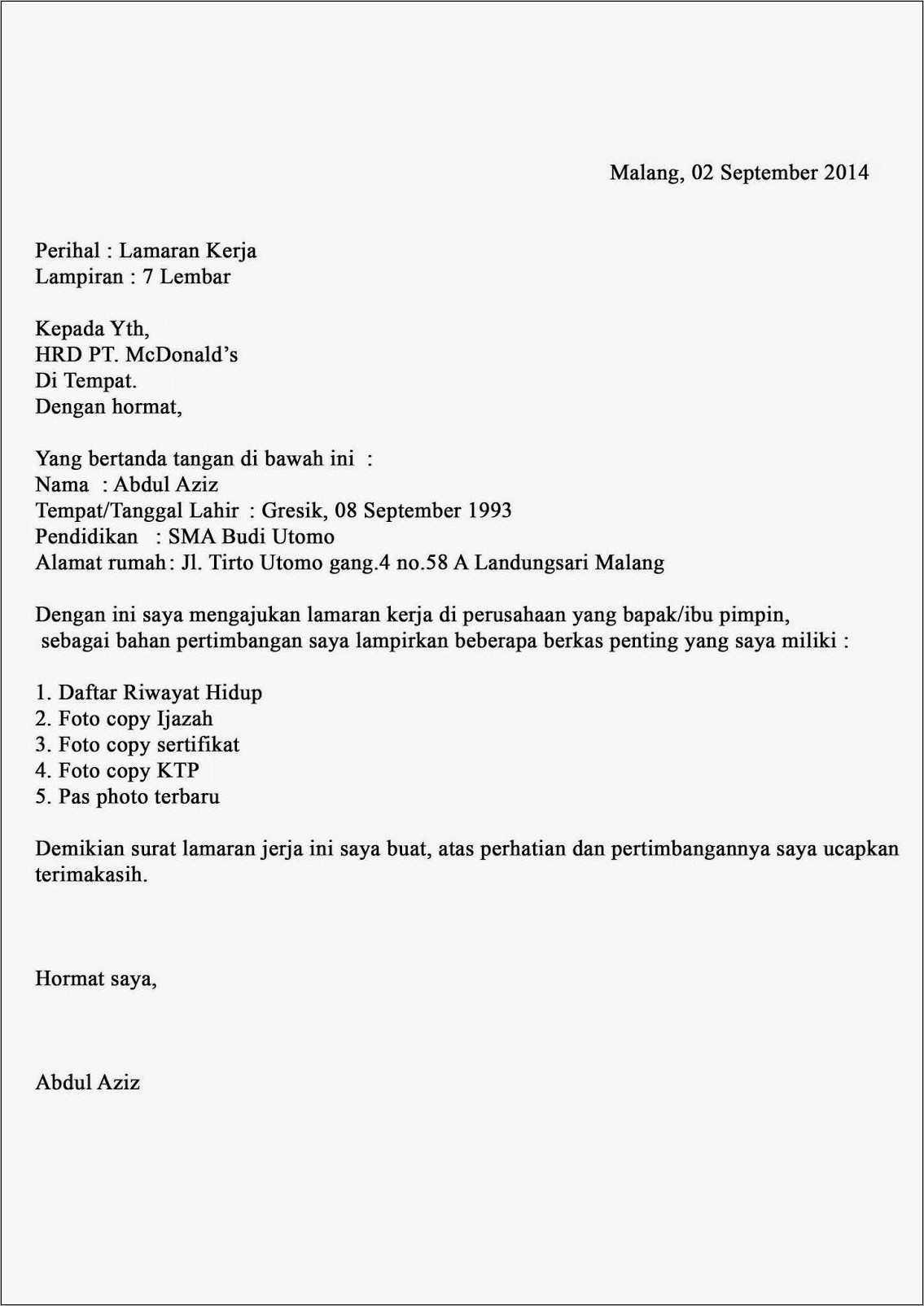 Contoh Surat Lamaran Kerja Ismaya