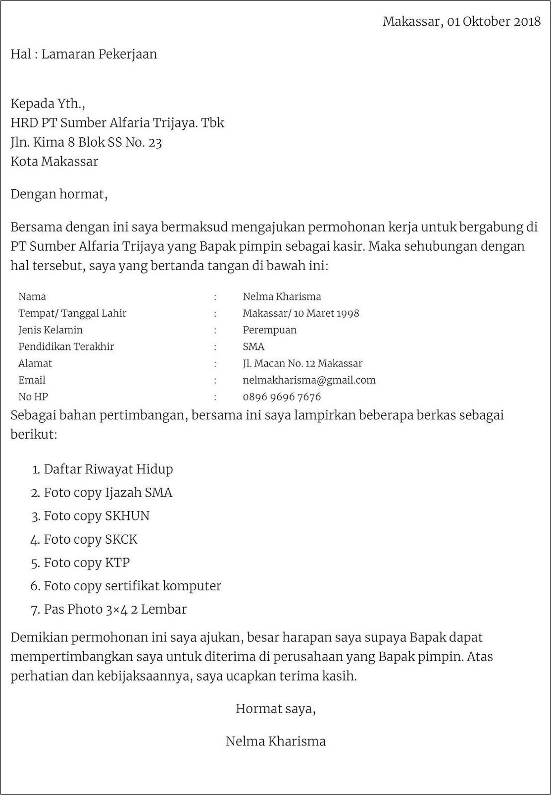 Contoh Surat Lamaran Kerja Jadi Kasir Fresh Graduate Smk