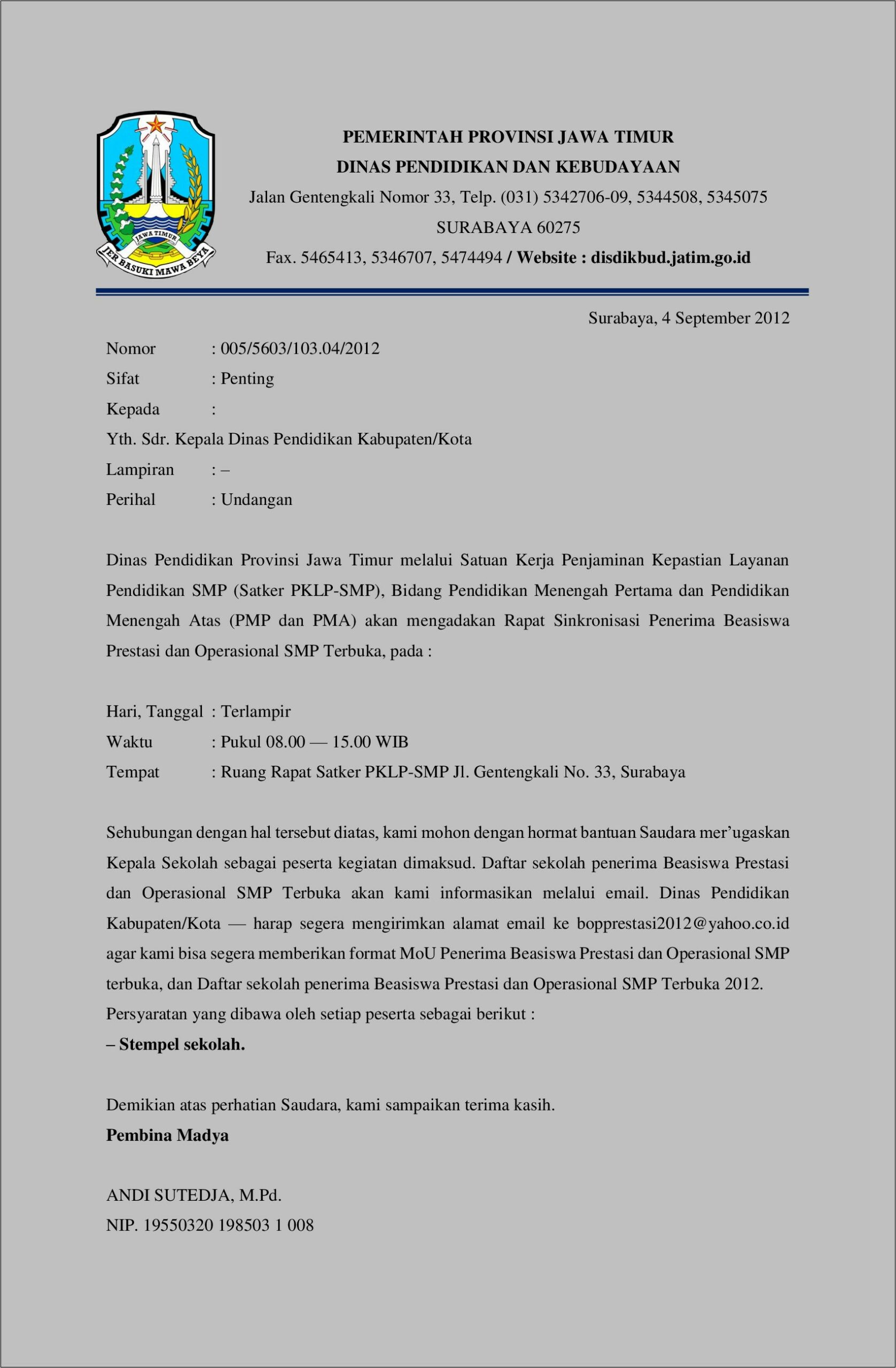 Contoh Surat Lamaran Kerja Ke Dinas Pendidikan Surabaya