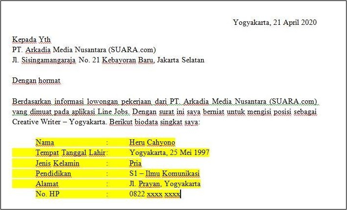 Contoh Surat Lamaran Kerja Ke Pcn