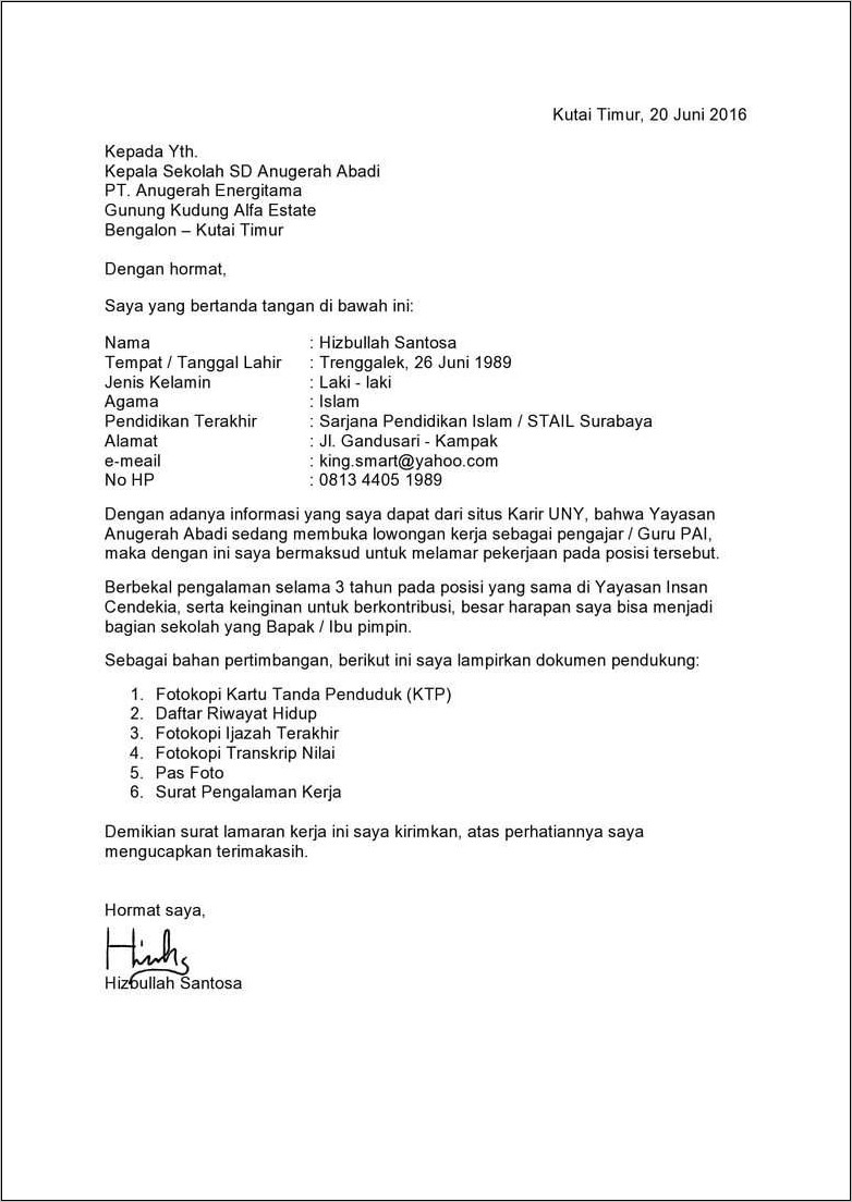 Contoh Surat Lamaran Kerja Ke Pt Infomedia