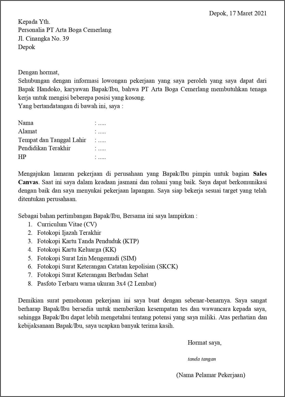 Contoh Surat Lamaran Kerja Ke Pt Sumber Alfaria Trijaya